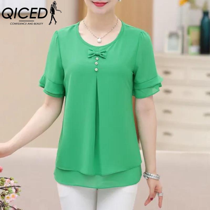 QICED Women's Fashion Casual Solid Color Print Short Sleeve O Neck Blouses & Shirts