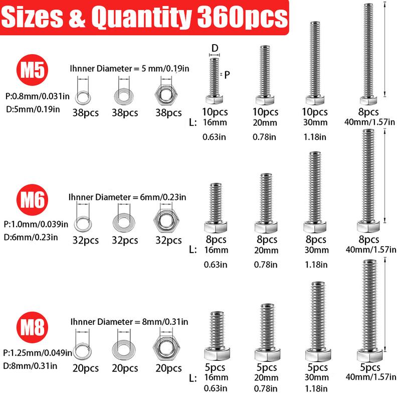 360pcs Stainless Steel Hex Bolt and Nut Set,sizes M5/M6/M8,lengths:16mm,20mm,30mm,40mm,suitable for household and industrial use
