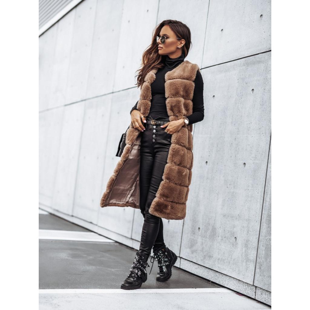 Women's Winter Autumn Long Faux Fur Vest Sleeveless Jacket Casual Outerwear For European American Style