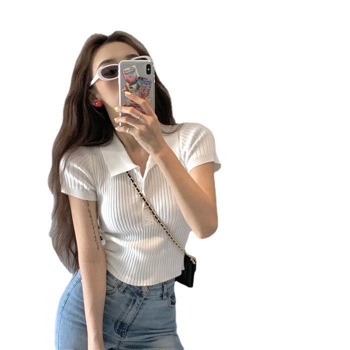 White Polo Collar Short-Sleeve Women's French Chic Top