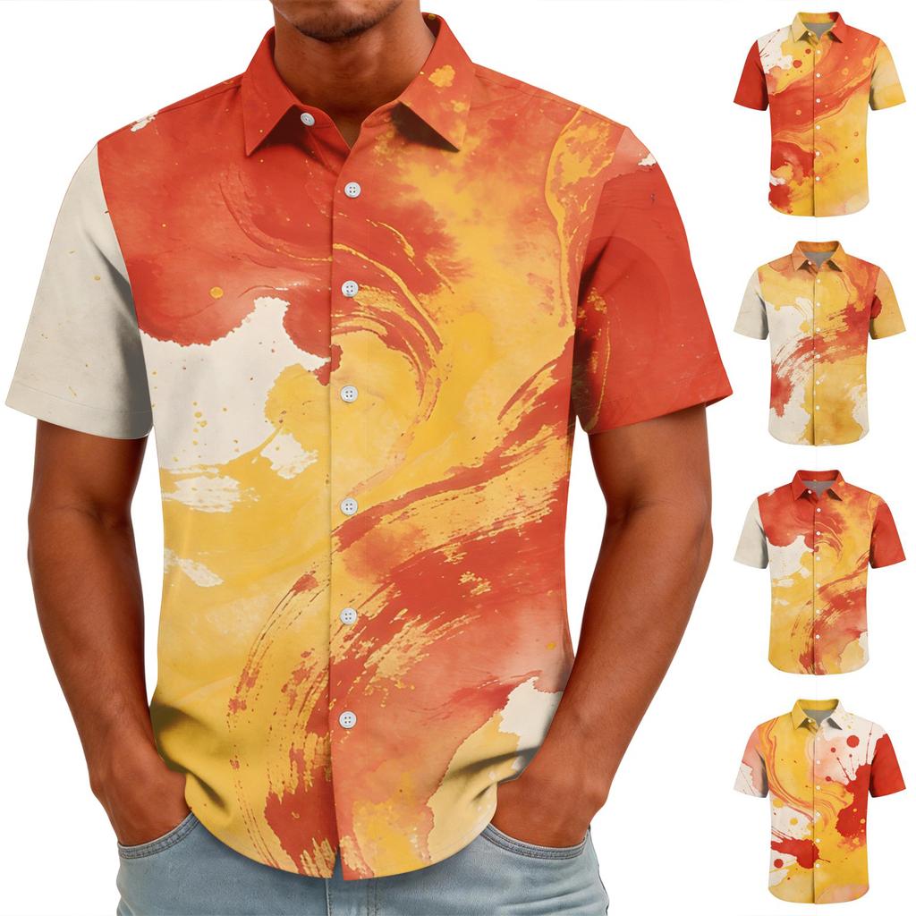 Men's Casual Short Sleeve Button Down Shirt Fashionable National Team Style Abstract Ink Print Summer Vacation Shirt