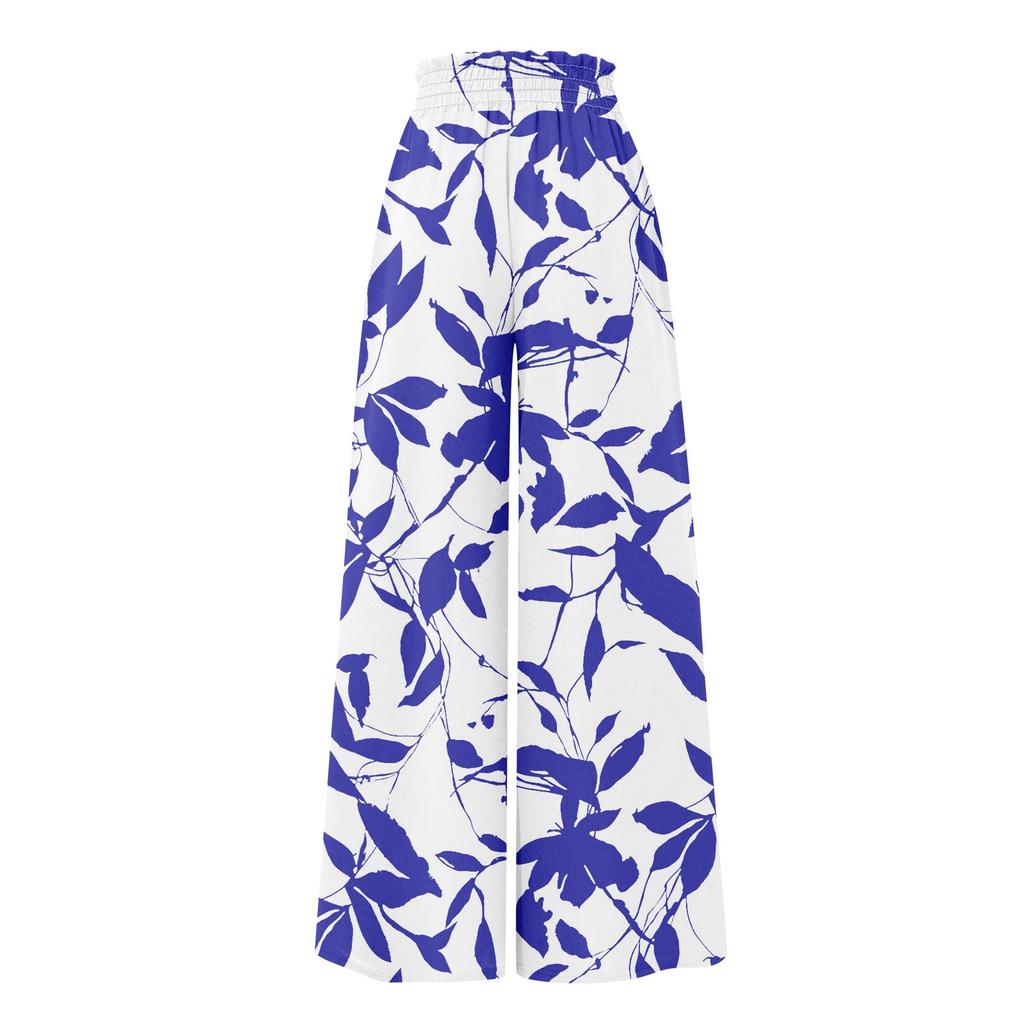 Women's High Waisted Wide Leg Pants Summer Casual Flowing Pocket Wide Leg Pants Floral Print Beach Pants