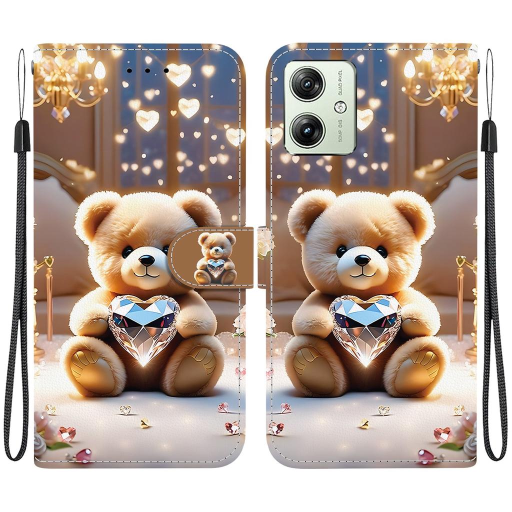 Handmade PU Leather Flip Case for Motorola Moto G54 Anti-Slip Shockproof Cover with Wrist Strap & Heart/Rose Cat Designs
