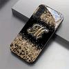 Funkelnde Leopardenmuster-Buchstaben-M-Glas-Handyhülle geeignet für Samsung Galaxy S26 S25 S24 S22 S21 S20 FE Ultra Plus sturzsicher