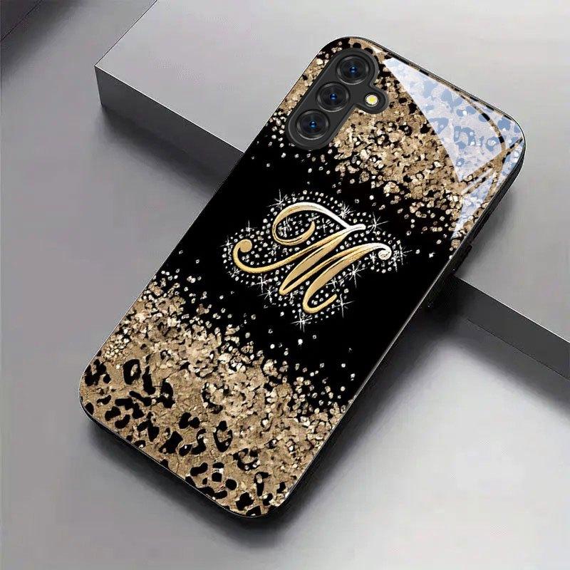 Funkelnde Leopardenmuster-Buchstaben-M-Glas-Handyhülle geeignet für Samsung Galaxy S26 S25 S24 S22 S21 S20 FE Ultra Plus sturzsicher