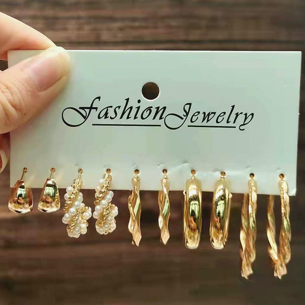Gold-Pearl Punk Hoop Earrings Set for Women