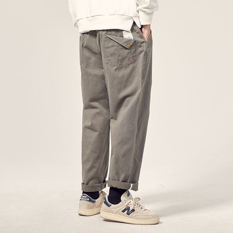 Men's Spring Pocket Embroidered Straight-Leg Cargo Pants with English Letters, Trendy Brand, Student Solid Color Loose Casual Long Pants