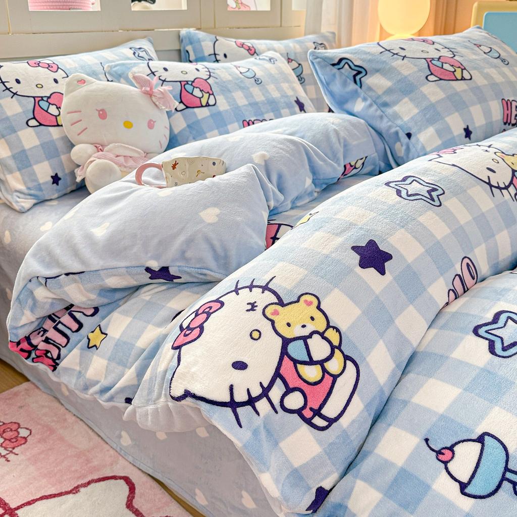 Children'S Thickened Milk Fleece Bed Four-Piece Warm Coral Fleece Fleece Quilt Cover Student Bedding