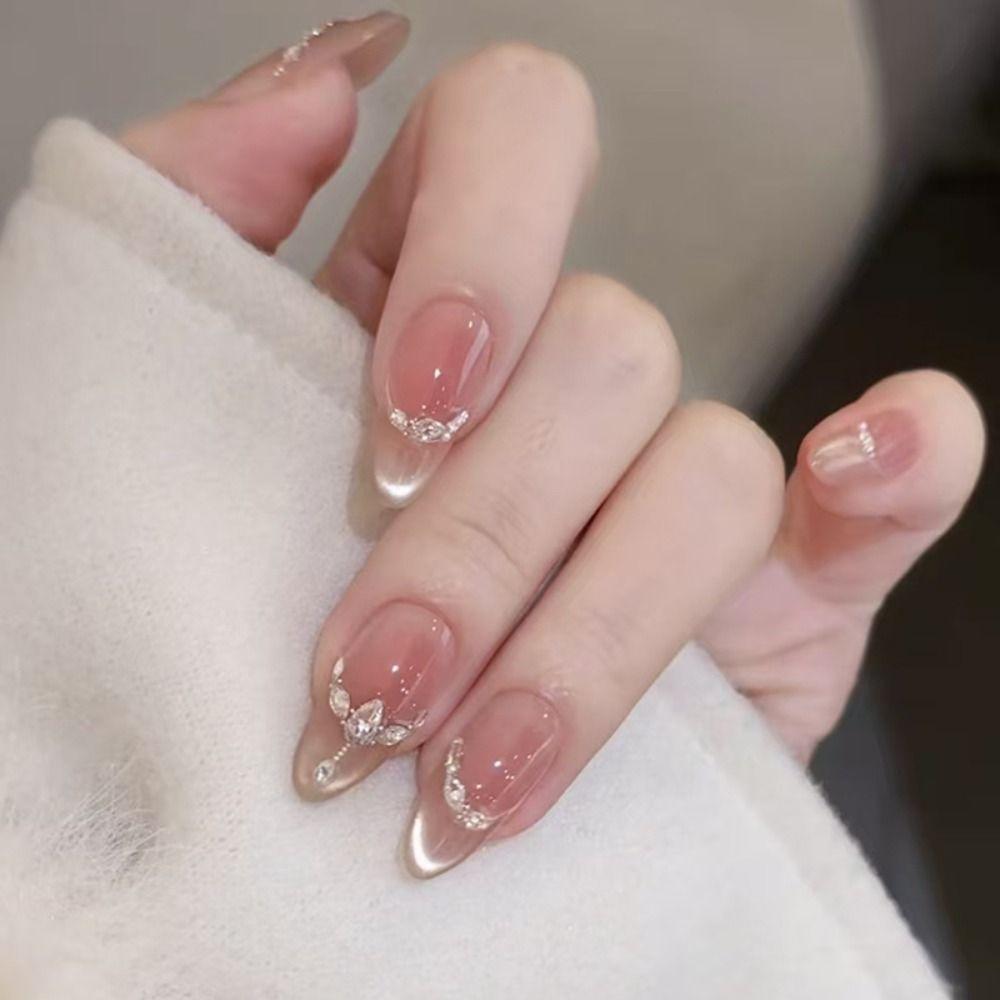 30pcs Long Square and Almond False Nails Crystal and Bow Knot Cat Eye Flowers Press On Nails French Detachable Fake Nails Women
