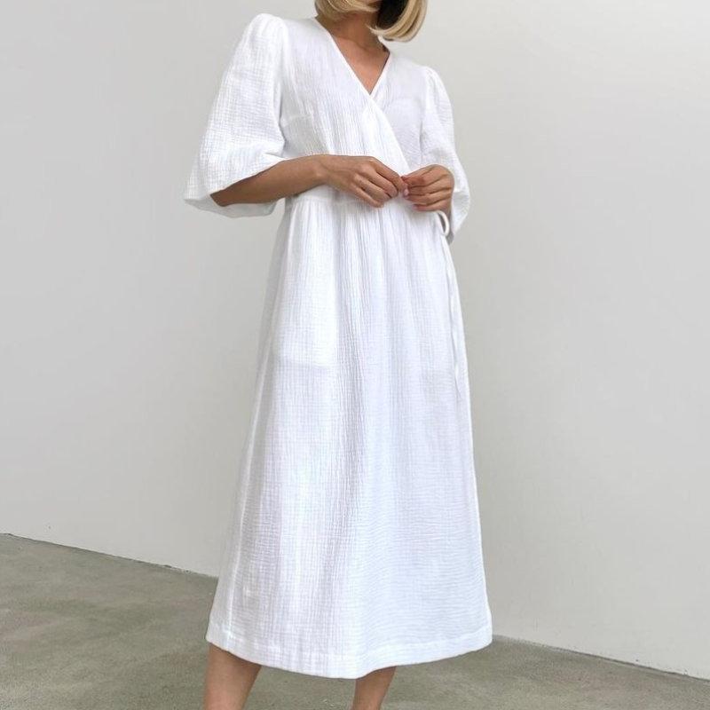 French Sweet Atmosphere Solid Color Long Dress V-neck Puff Short Sleeve Tie Dress