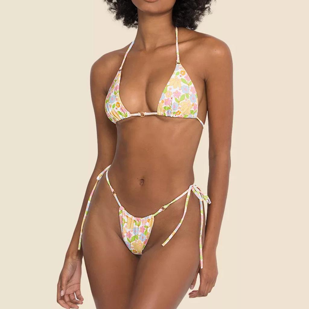 Women's Two Piece Bikini Set Reversible Digital Print Swimwear Triangle Top Adjustable Ties Side Tie Bottom Beachwear