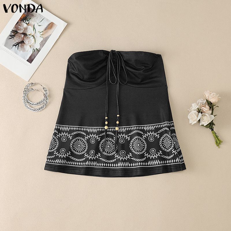 VONDA Summer Women Off Shoulder Strapless Print Tank Tops M