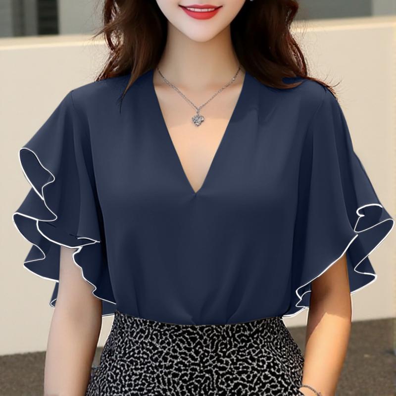 

ZANZEA Женская повседневная блузка с V-образным вырезом, оборками и короткими рукавами свободного кроя темно-синий