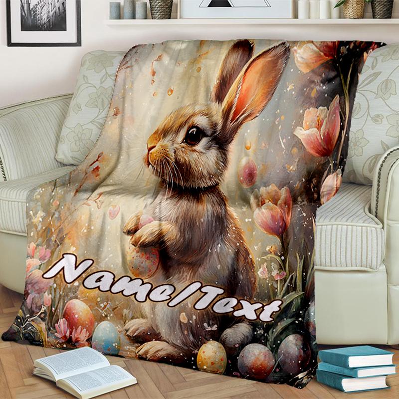1PC Custom Name Easter Bunny Eggs Outdooor Flannel Blankets Throw Blanket All-Season Throw Gift Bedspread for Couch, Bed, Camping Holiday Birthday Gif