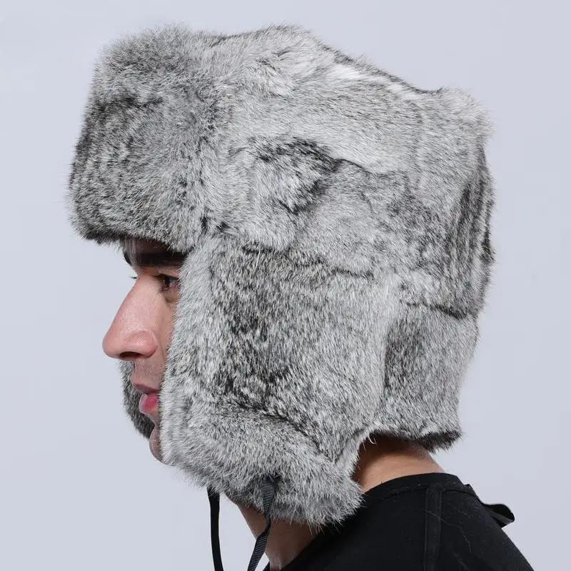 Winter Bomber Hat Men Thick Warm  Rabbit Fur Trapper Ear Ushanka Russia Hat