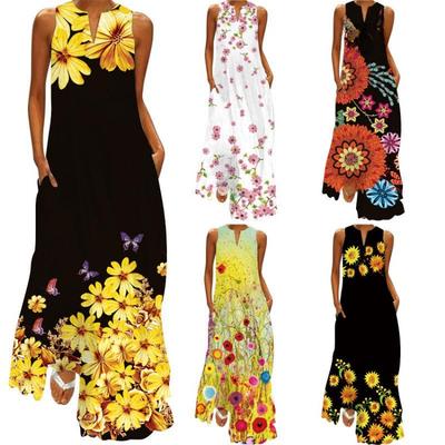 2024 Summer Fashion Retro Printed Maxi Dress for Women Sleeveless V Neck