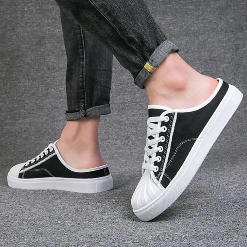 Men's Shoe Mules Half Canvas Slides Rubber Flat Male Slipper Y2k High Quality Cheap Shoes Liquidation Clappers 2025 Fun