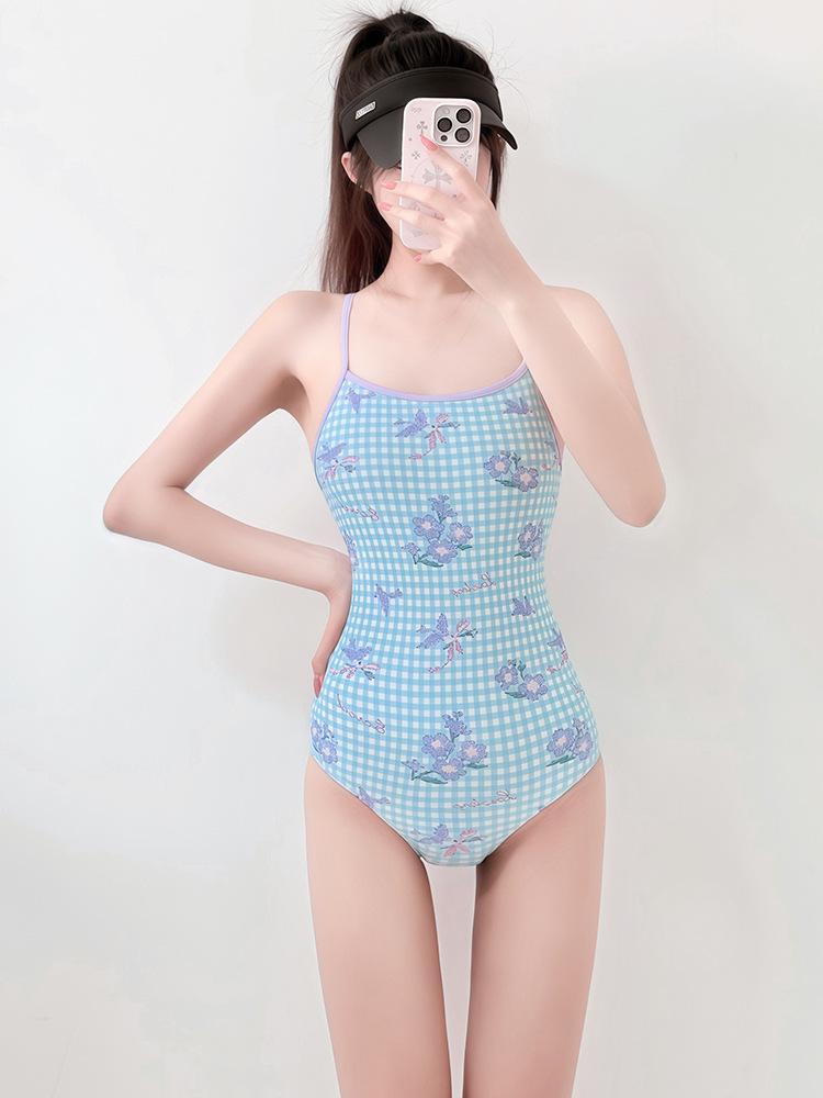 One-piece Swimsuit Women's Suspender Plaid Print Swimsuit Japanese Cute Pure Desire Flat Angle Swimsuit
