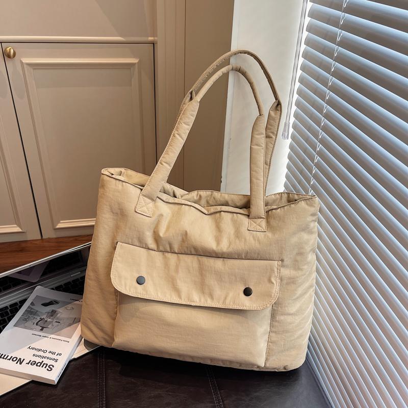 Minimalist Solid Color Tote Bag for Women – Large Capacity Shoulder Bag with Front Pocket – Perfect for Daily Use, Shopping, and School