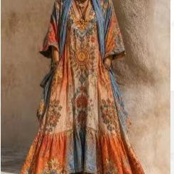 New Bohemian V-neck Printed Long Dress Loose Sunscreen Blouse Seaside Vacation Beach Dress
