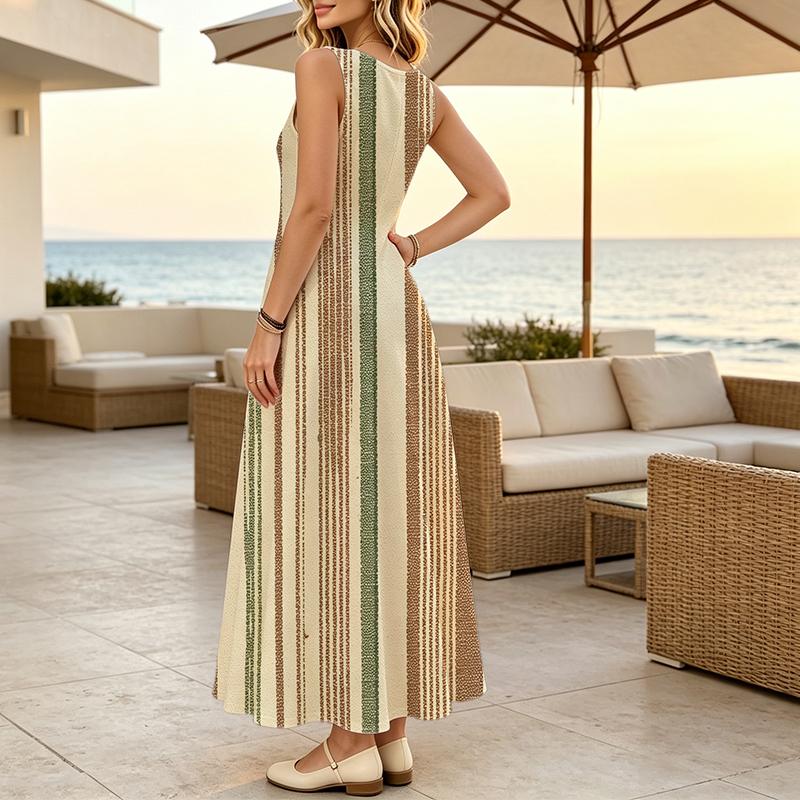 Sleeveless Bohemian Maxi Dress,Simple Striped Lightweight Loose Fit Full Skirt Flattering for Beach Vacation,Casual Travel & Daily Wear