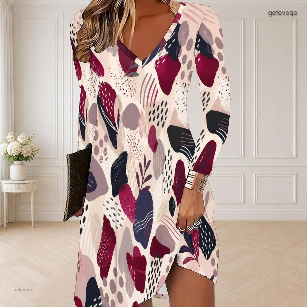 Women Plus Size V Neck Long Sleeve Printed Curved Hem Casual Dress