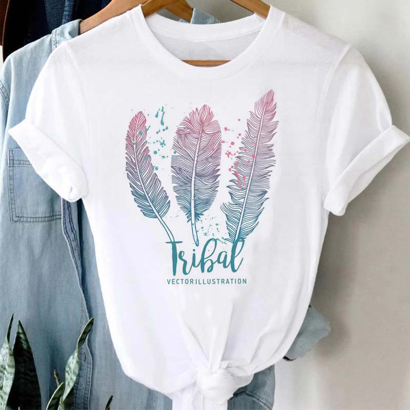 Women's T-shirt Watercolor Feather Graphic Printed T Shirt Women Short Sleeve Tshirt 90s Streetwear Female Clothes Tops