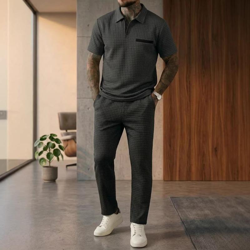 Solid Waffle Mens Casual Short Sleeve Polo Shirt And Long Pants Set