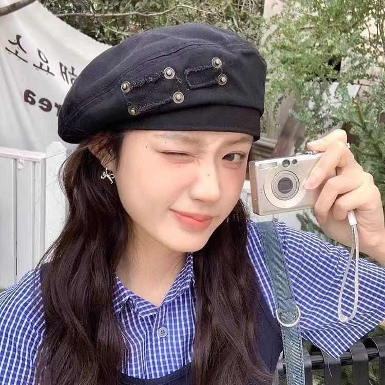 Waschbare Denim-Baskenmütze Damen 2025 Frühling und Sommer neu retro literarisch und vielseitig Persönlichkeit zeigt Gesicht kleine Malermütze