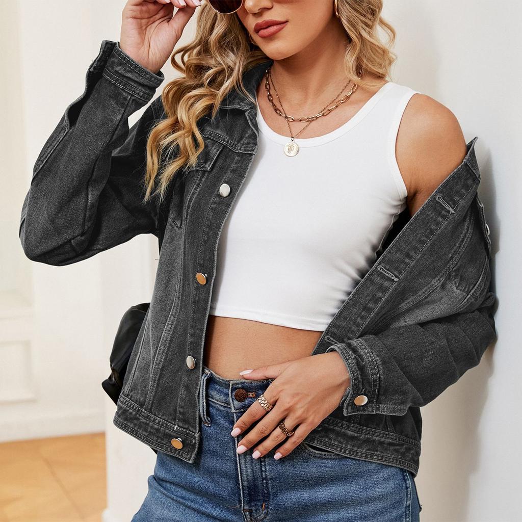 Women's Fashionable Versatile Classic Retro Solid Color Lapel Long Sleeved Pocket Denim Jacket