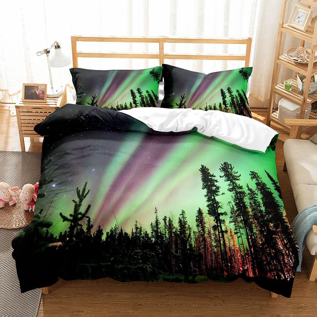 Nordlichter Bettbezug-Set King Full Size Naturwunder Polyester Bettdeckenbezug für Kinder Jugendliche Bettwäsche-Set Quiltbezug