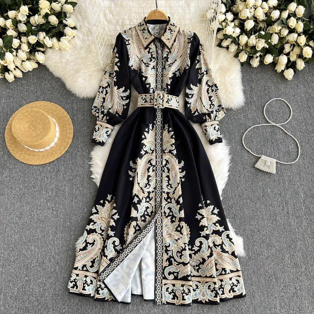

2025 Autumn New Collection, Women s, Fashionable Printed, Bohemian Style, Vacation Style, Dress, Retro Pattern, Exquisite Pattern, Luxury Sense S чорний