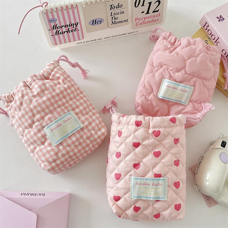 Drawstring Storage Bag For Camera Solid Color Heart Striped Organizer Candy Color Portable Travel Makeup Case