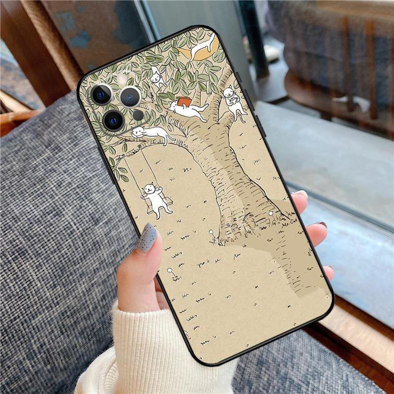 Japanese Cat Drink Pattern Case For iPhone 14 Plus 11 12 13 15 16 Pro Max Mini Plus XR X XS Max Back Cover