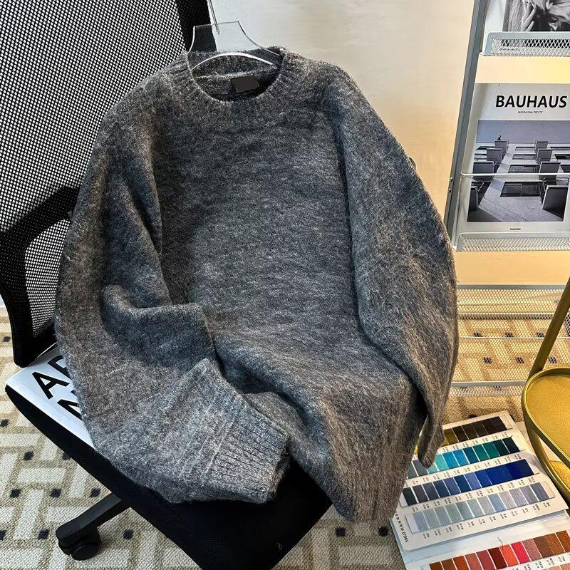 2024 Winter Men s Retro Korean Style Loose Knit Round Neck Sweater XL серый