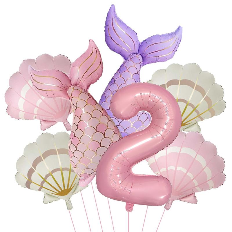 7 Stück Meeresmeerjungfrauenschwanz Muschel Muschel Ballons Set Rosa 0-9 Zahlen Folienballon Unterwasser Geburtstagsparty Dekoration Babyparty Zubehör