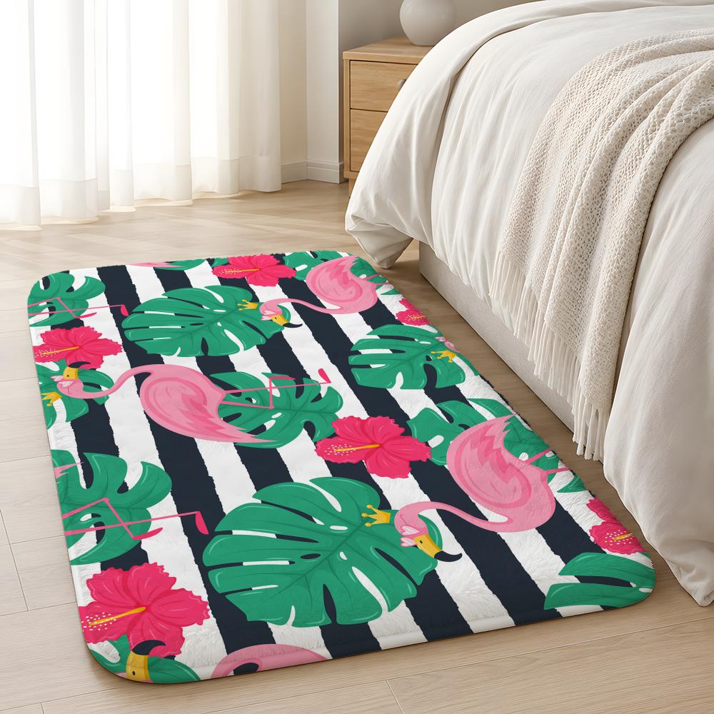 Cabana Stripe Flamingo Floor Mat Machine Washable Soft Flannel Area Rug, Non-Slip Absorbent Floor Mat for Living Room Bedroom