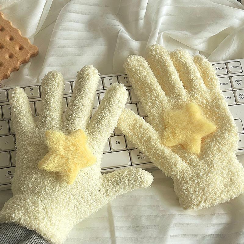 Women Coral Velvet Gloves Outdoor Warmer Soft Cartoon Star Cute Plush Cycling Solid Winter
