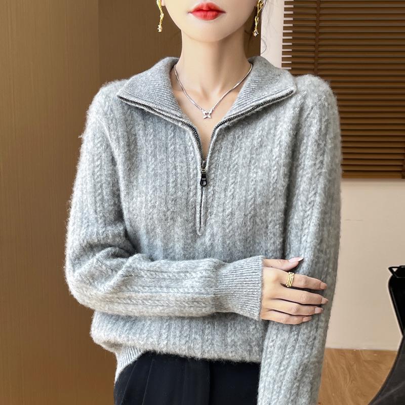 

Женский жаккардовый шерстяной свитер с высоким воротником на молнии, свободного кроя Extra Large