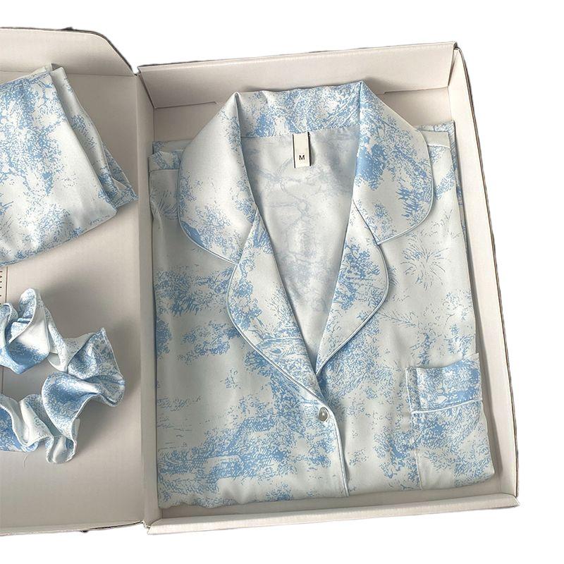 Damenpyjama im koreanischen Stil aus Seidenimitat - Langärmeliges zweiteiliges Set mit Tuschemalerei für Frühling und Herbst