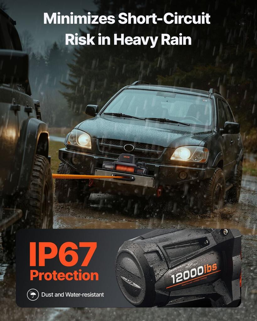 Electric Winch, 5400 kg Load Capacity, 12V DC Truck Winch with 9.5 mm x 28 m Synthetic Rope, Wireless & Wired Remote Control, IP67 Waterproof for