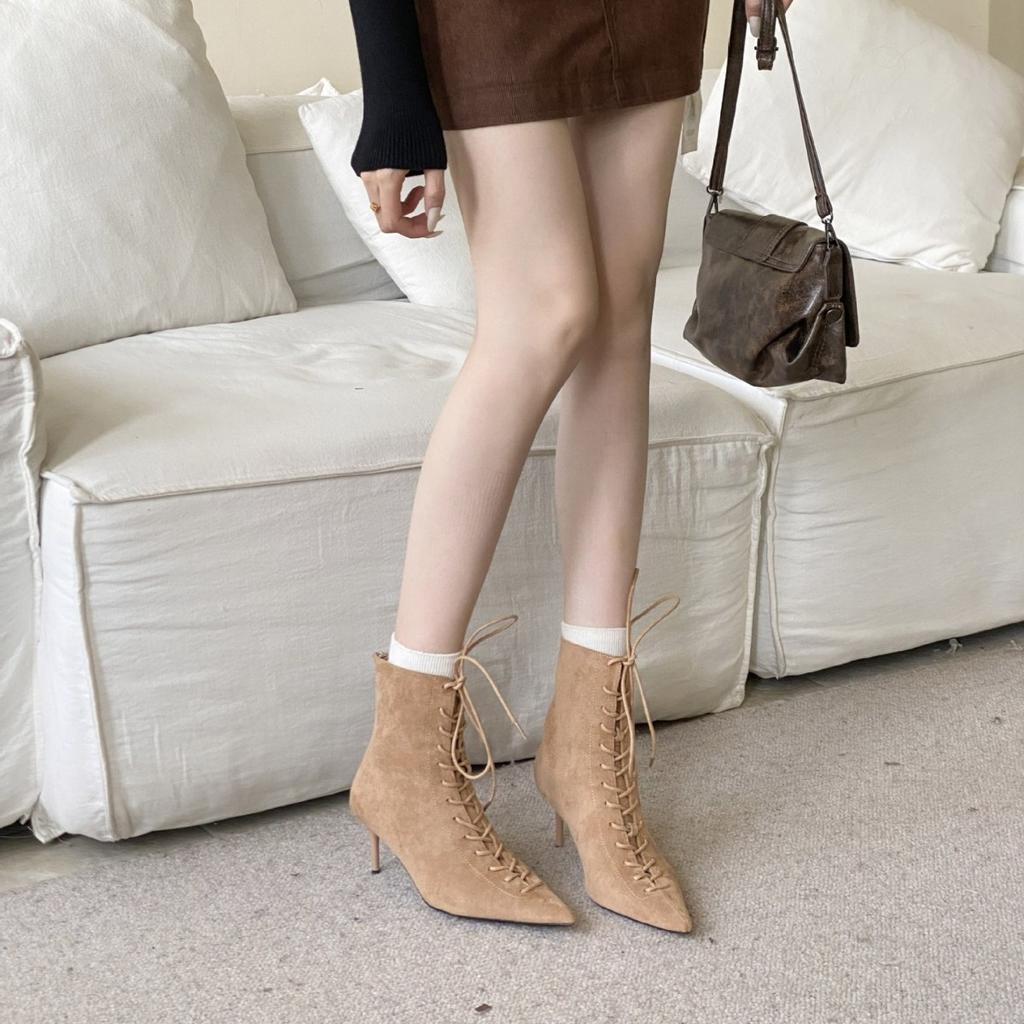 2025 autumn and winter new European and American pointed head thin heel high heel temperament French fashion sexy beautiful suede women's short boots