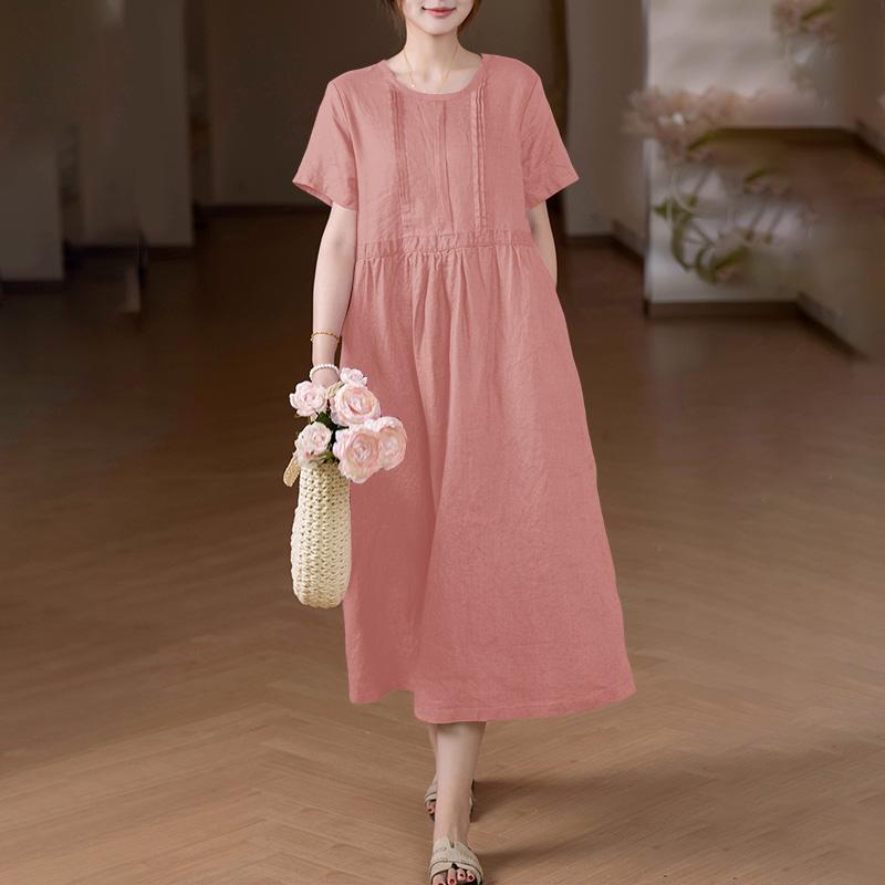 ZANZEA Damska luźna sukienka z krótkim rękawem i okrągłym dekoltem w jednolitym kolorze