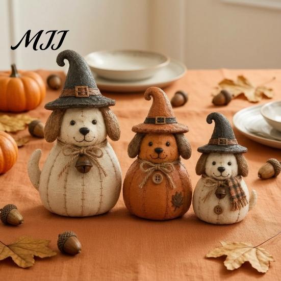 Rustic Pumpkin Figurine Sets 3Pcs Halloween Witch Cat Dog Statues, Resin Farmhouse Seasonal Home Soft Furnishings Ornaments for Autumn Thanksgiving,