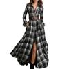 Women's Fashion French Vintage Check Waist-cinching Slimming Asymmetrical Design Collar Long-sleeved Dress