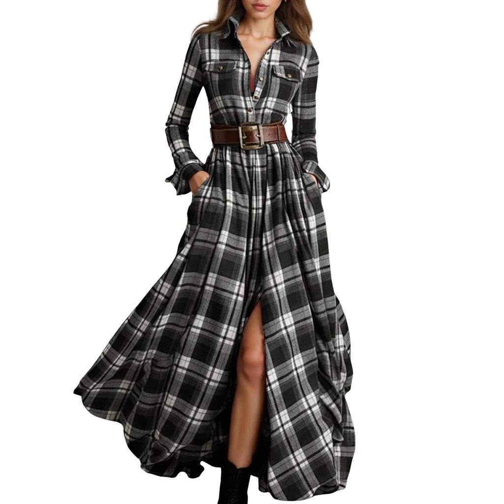 Women's Fashion French Vintage Check Waist-cinching Slimming Asymmetrical Design Collar Long-sleeved Dress