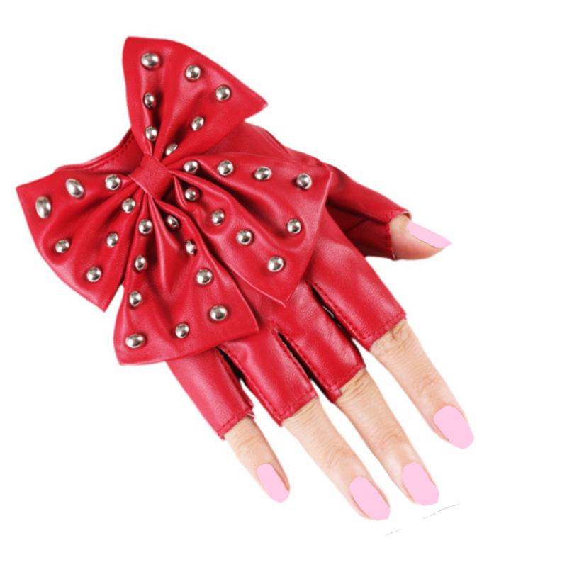 Damen Große Schleife Nieten PU-Leder Halbfingerhandschuhe Party Tanzen Show Bühnenauftritt Nachtclub Tanz Lolita Cosplay Fäustlinge