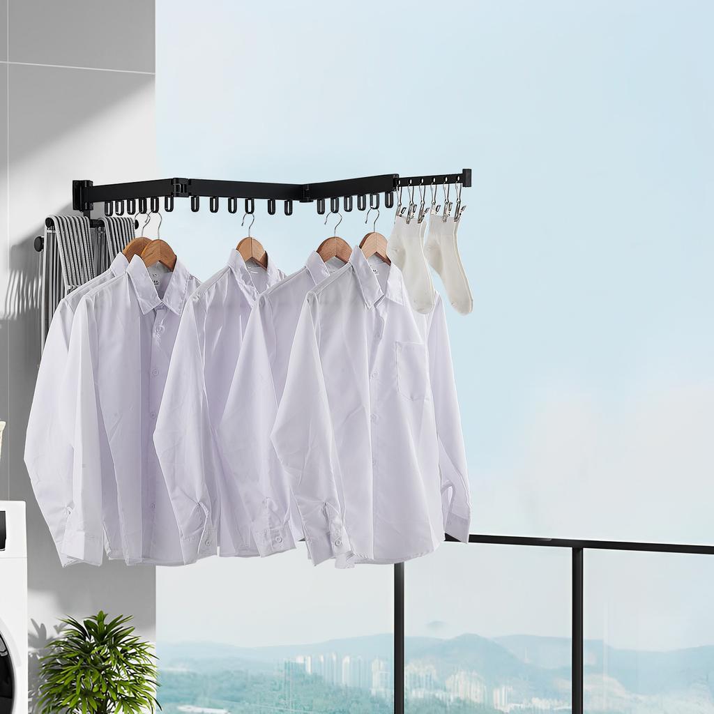 Folding Clothes Drying Rack 3 Fold Wall-Mounted Clothes Hanger Retractable Laundry Comforter Drying Rack with Extension Rod