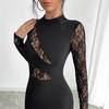 Autumn Women Solid Color Color Block Lace Slit Sexy Bodycon Dress Mature Style French Retro Patchwork Slim Sexy Elegant Women Maxi Dress