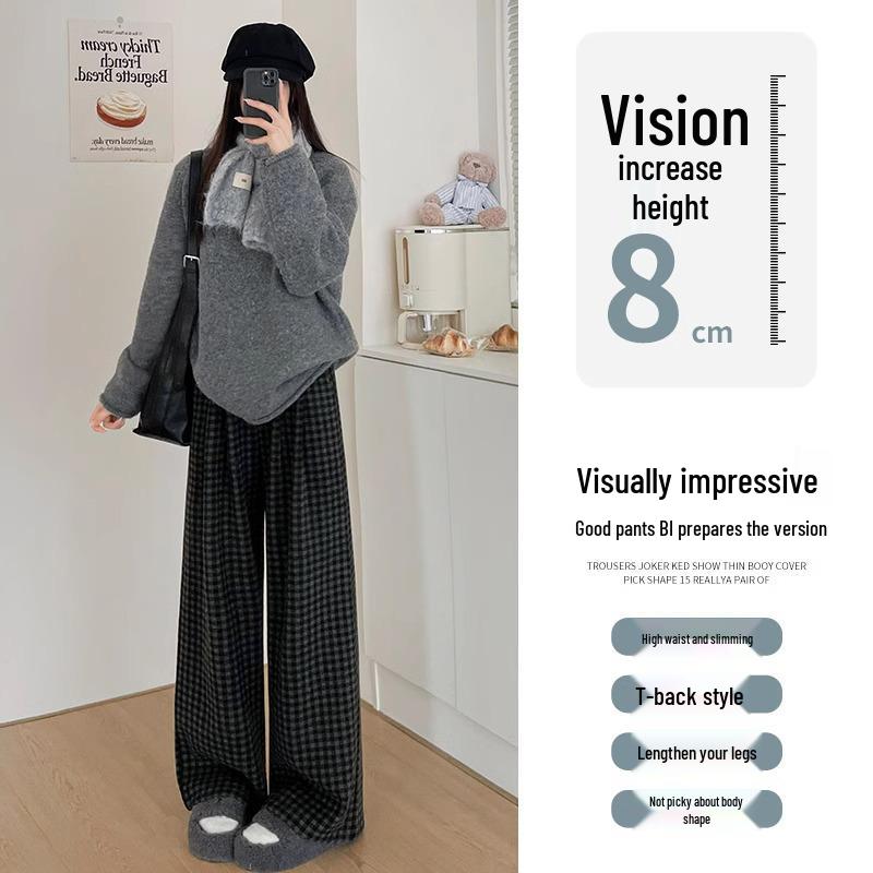 High-Waisted Fleece-Lined Plaid Wide-Leg Pants for Women, 150 Petite, Slimming Casual Autumn/Winter Wear
